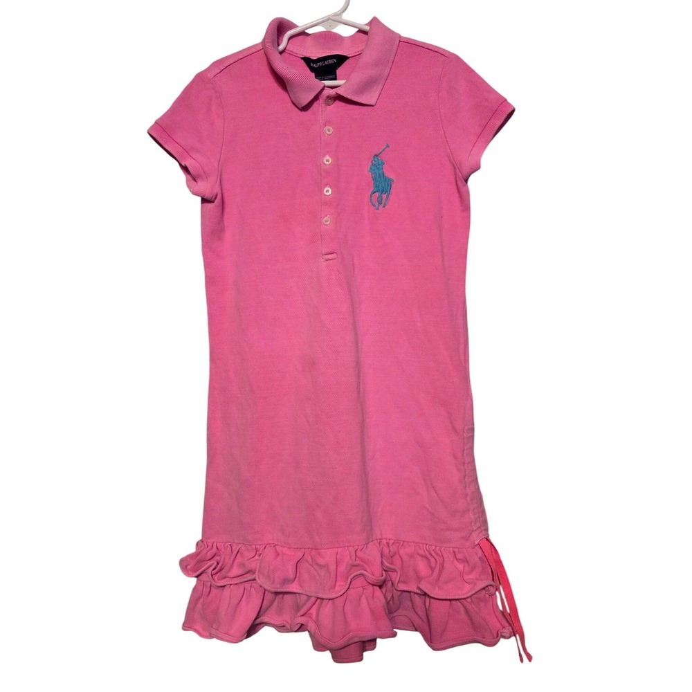Ralph Lauren Girl's Dress Medium 8/10 Ruffle Big Pony Cotton Barbiecore Preppy